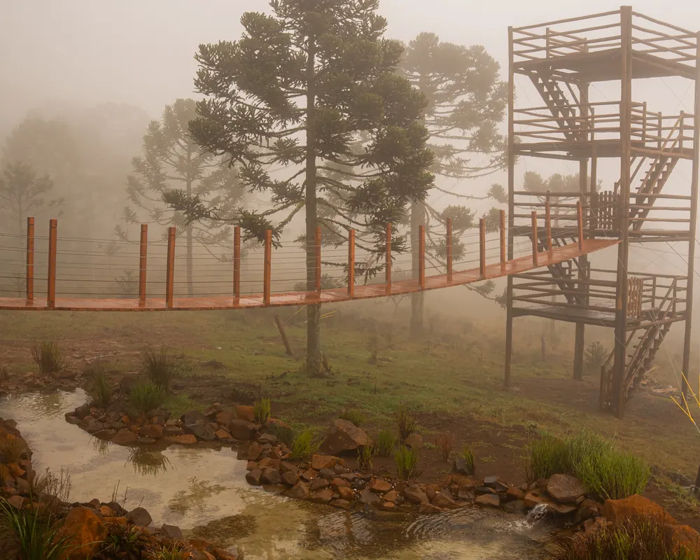 Mirante de madeira e lago em um dia de névoa.